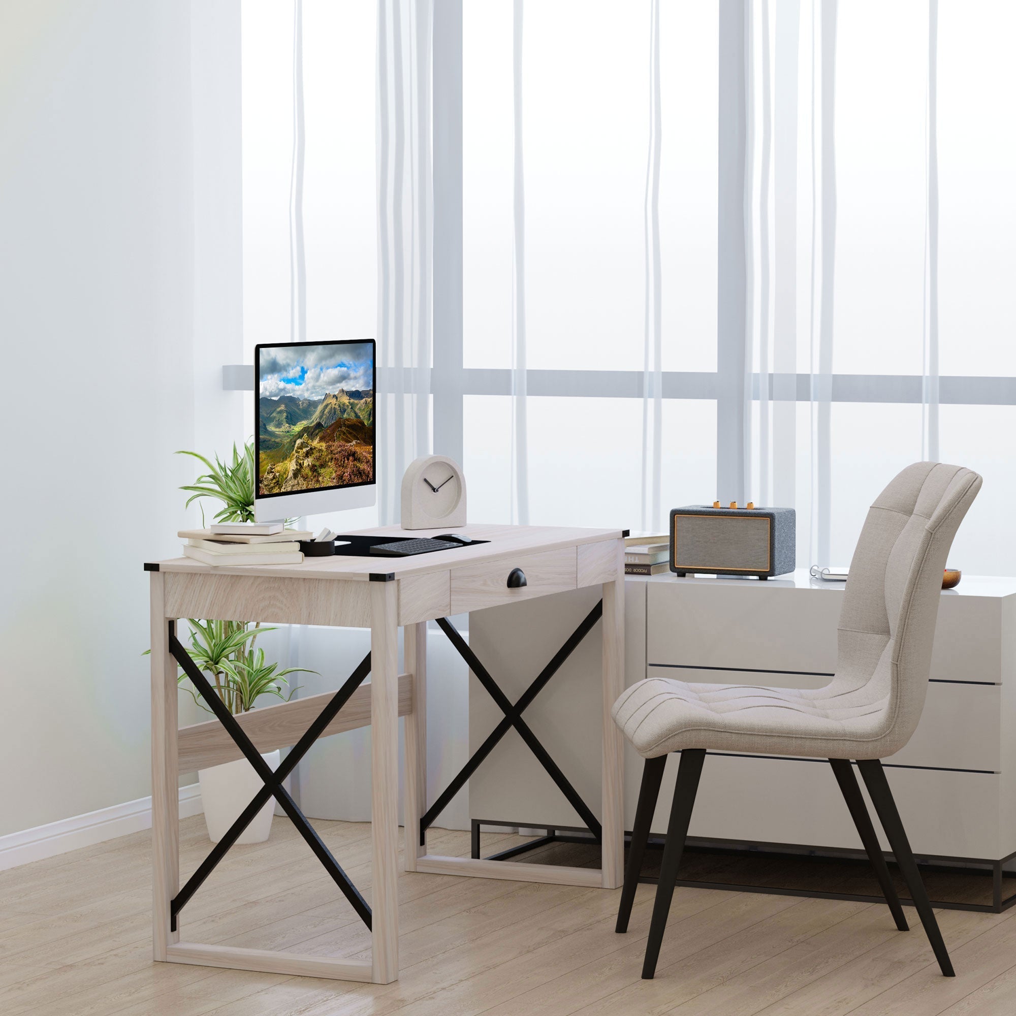 Industrial Computer Writing Desk, Study Desk with Drawer, Steel X-Frame Home Office Workstation, Oak Effect Writing Desks   at Gallery Canada