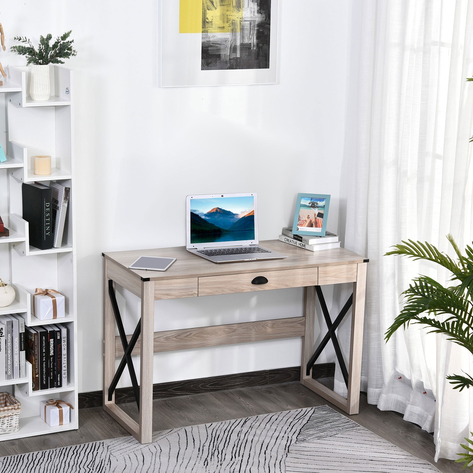 Industrial Computer Writing Desk, Study Desk with Drawer, Steel X-Frame Home Office Workstation, Oak Effect Writing Desks   at Gallery Canada