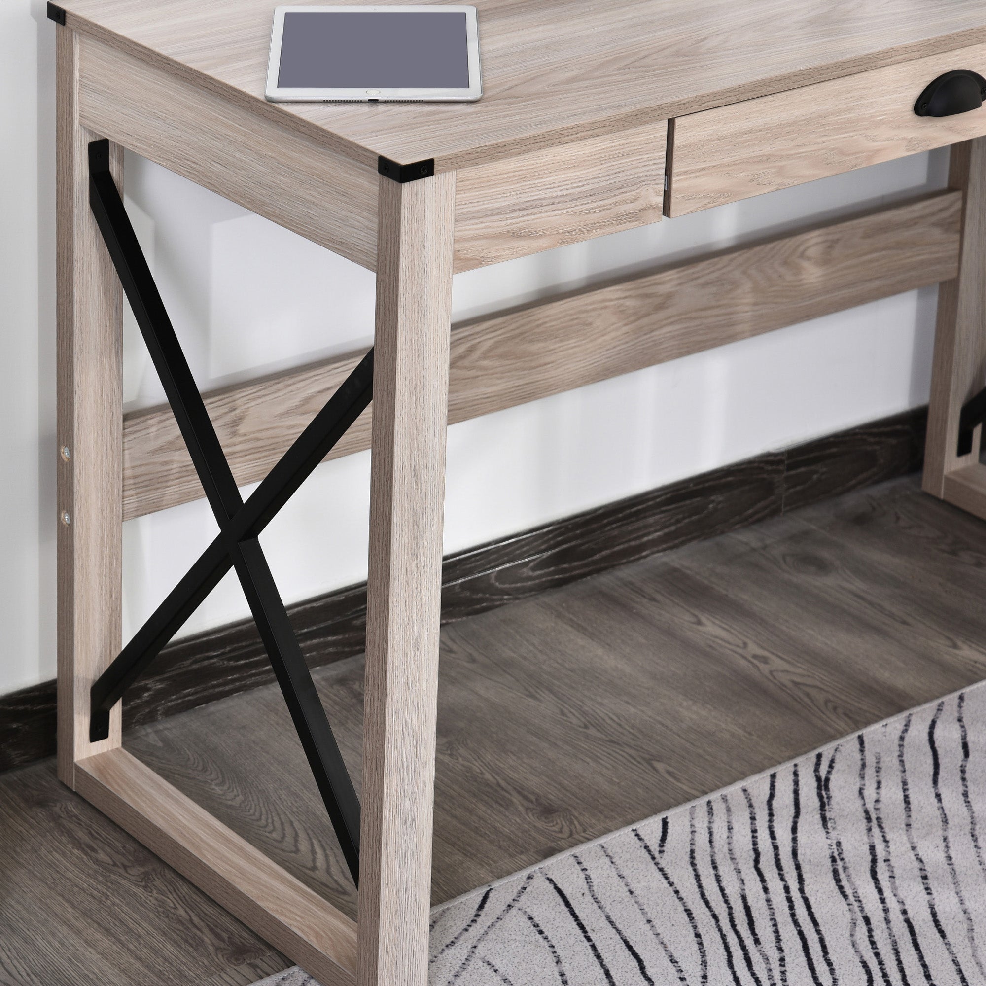 Industrial Computer Writing Desk, Study Desk with Drawer, Steel X-Frame Home Office Workstation, Oak Effect Writing Desks   at Gallery Canada