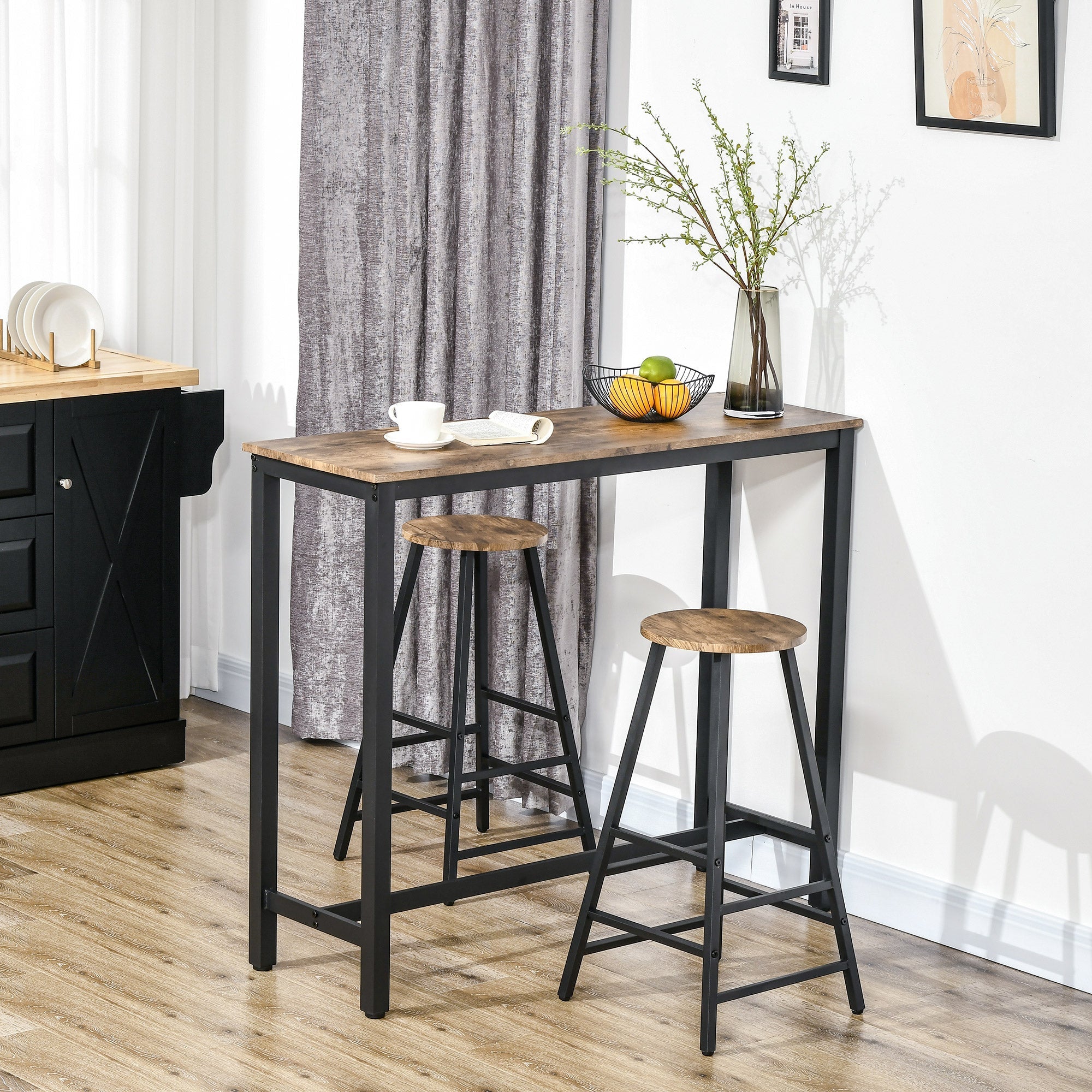 Industrial Dining Table Set, 3 Piece Rectangular Bar Table and Chairs Set, Breakfast Table Set for Kitchen, Living Room, Rustic Brown Bar Sets   at Gallery Canada