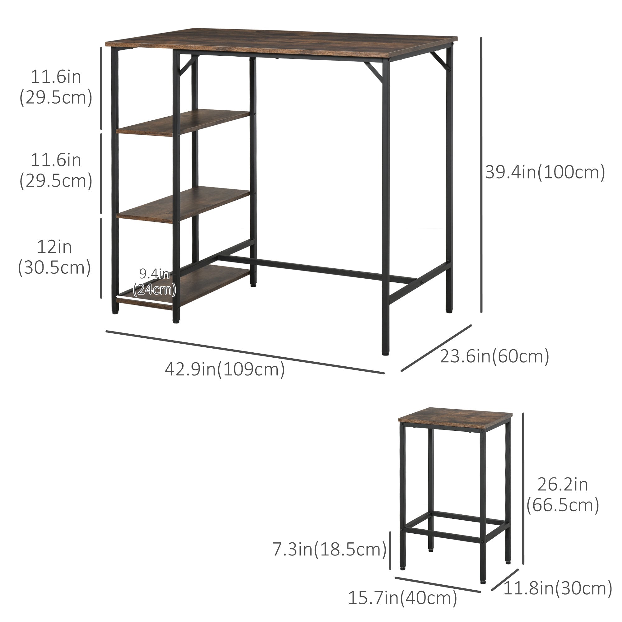 Industrial Dining Table Set for 2, Bar Table and Stools Set, Counter Height Kitchen Table with Chairs with Storage Shelf, Rustic Brown Bar Sets Multi Colour  at Gallery Canada