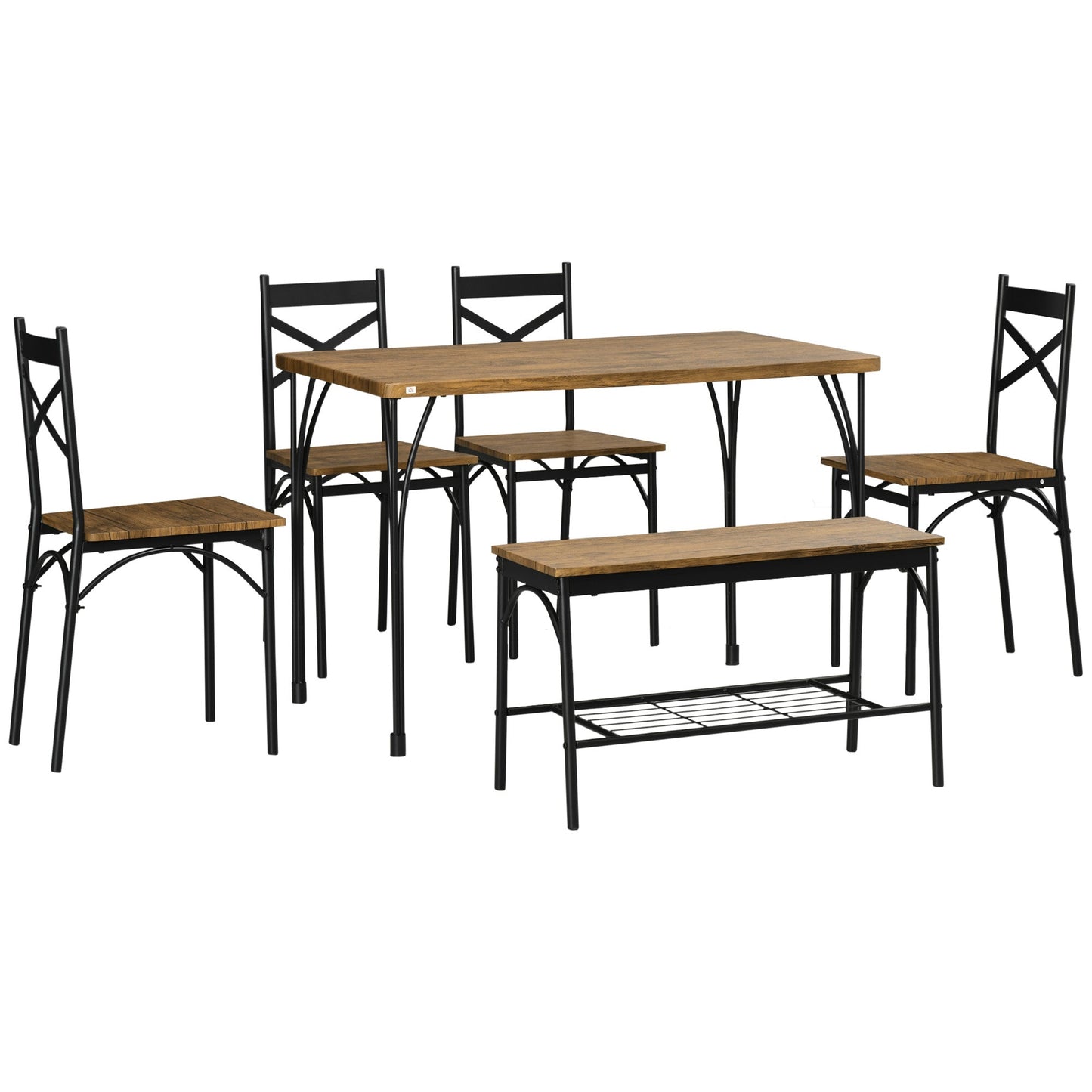 Industrial Dining Table Set for 6 People, 6 Piece Kitchen Table and Chairs Set, Dinner Table with Bench and Storage Shelf, Dinette Set, Rustic Brown Bar Sets Multi Colour  at Gallery Canada