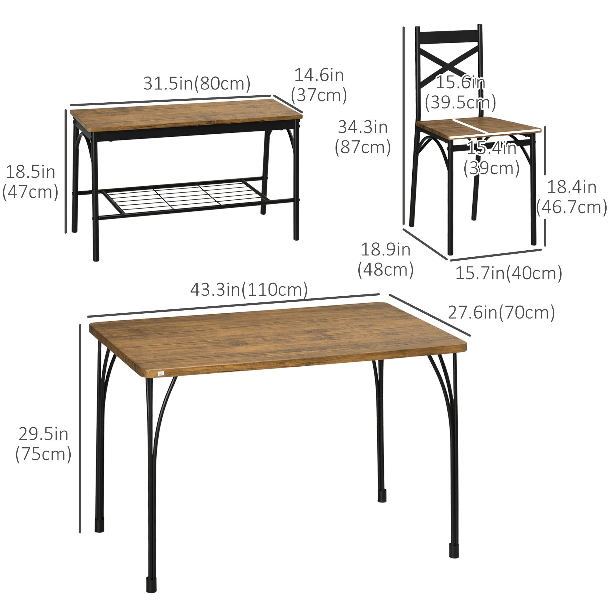 Industrial Dining Table Set for 6 People, 6 Piece Kitchen Table and Chairs Set, Dinner Table with Bench and Storage Shelf, Dinette Set, Rustic Brown Bar Sets   at Gallery Canada