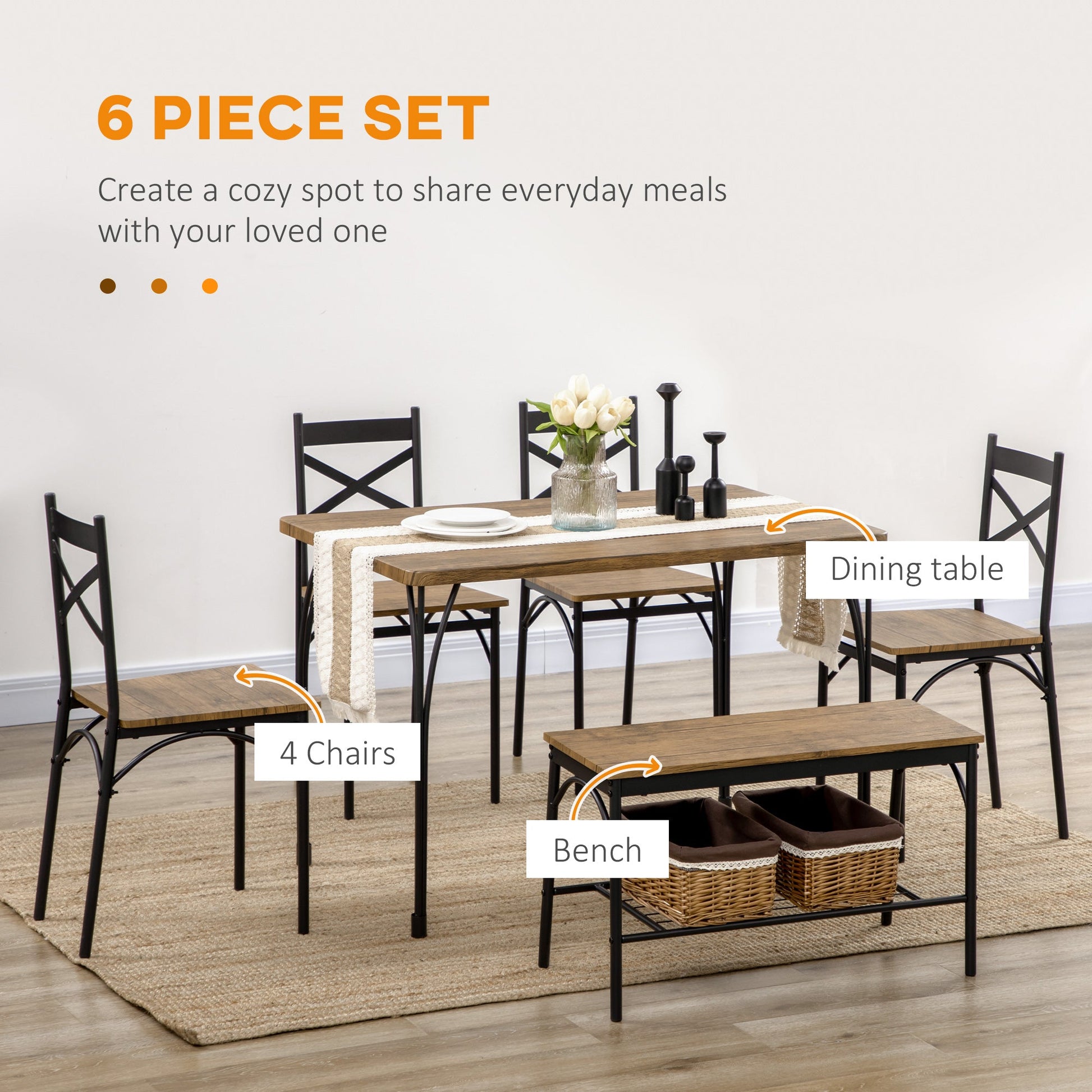 Industrial Dining Table Set for 6 People, 6 Piece Kitchen Table and Chairs Set, Dinner Table with Bench and Storage Shelf, Dinette Set, Rustic Brown Bar Sets   at Gallery Canada
