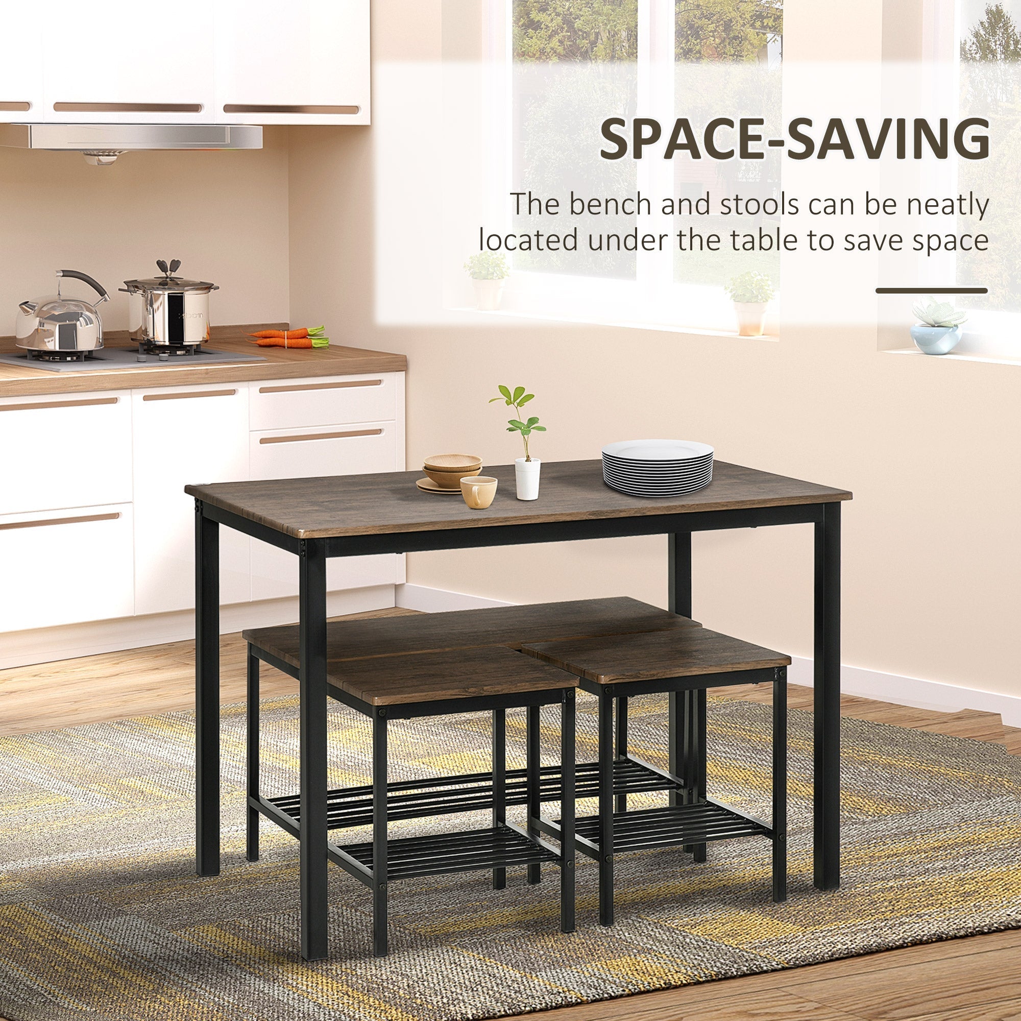 Industrial Dining Table Set, Kitchen Table and Chairs for 4, Dinner Table with Bench Set with Metal Frame &; Storage Shelf, 4 Piece Dinette Set Bar Sets   at Gallery Canada