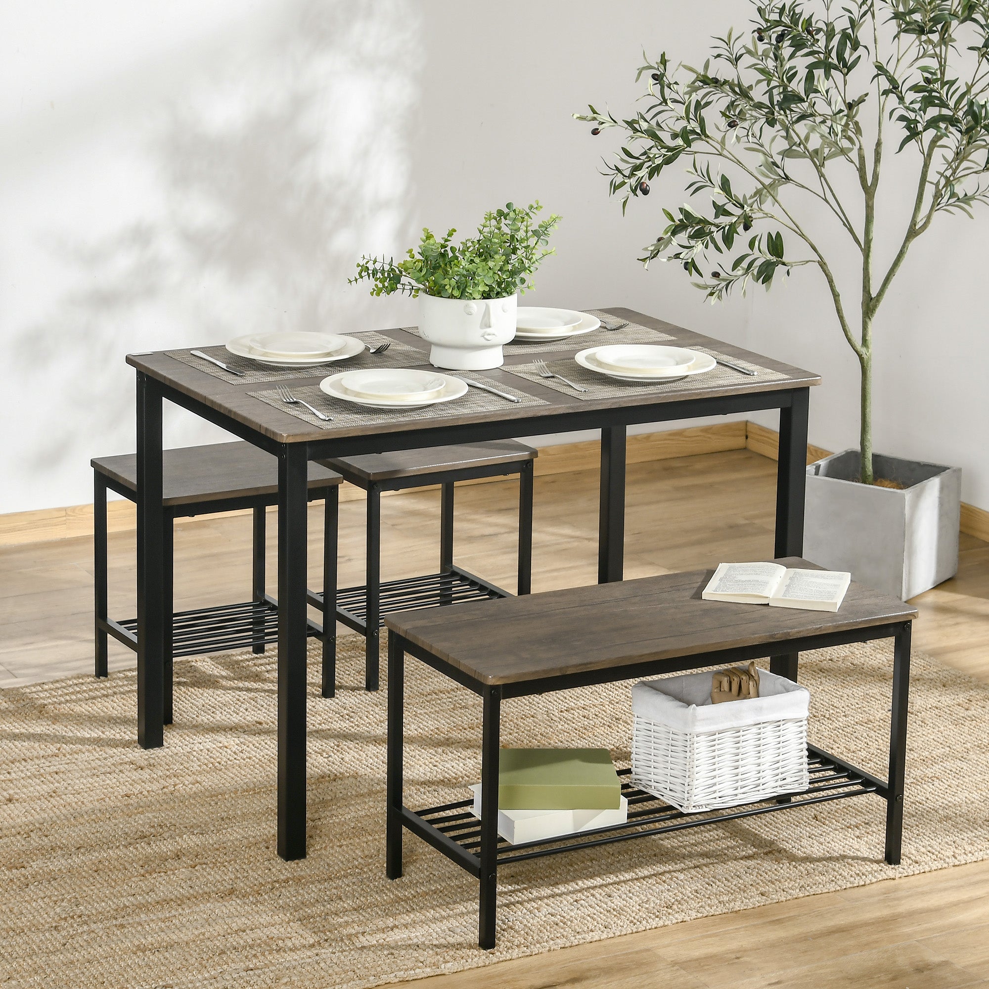 Industrial Dining Table Set, Kitchen Table and Chairs for 4, Dinner Table with Bench Set with Metal Frame &; Storage Shelf, 4 Piece Dinette Set Bar Sets   at Gallery Canada