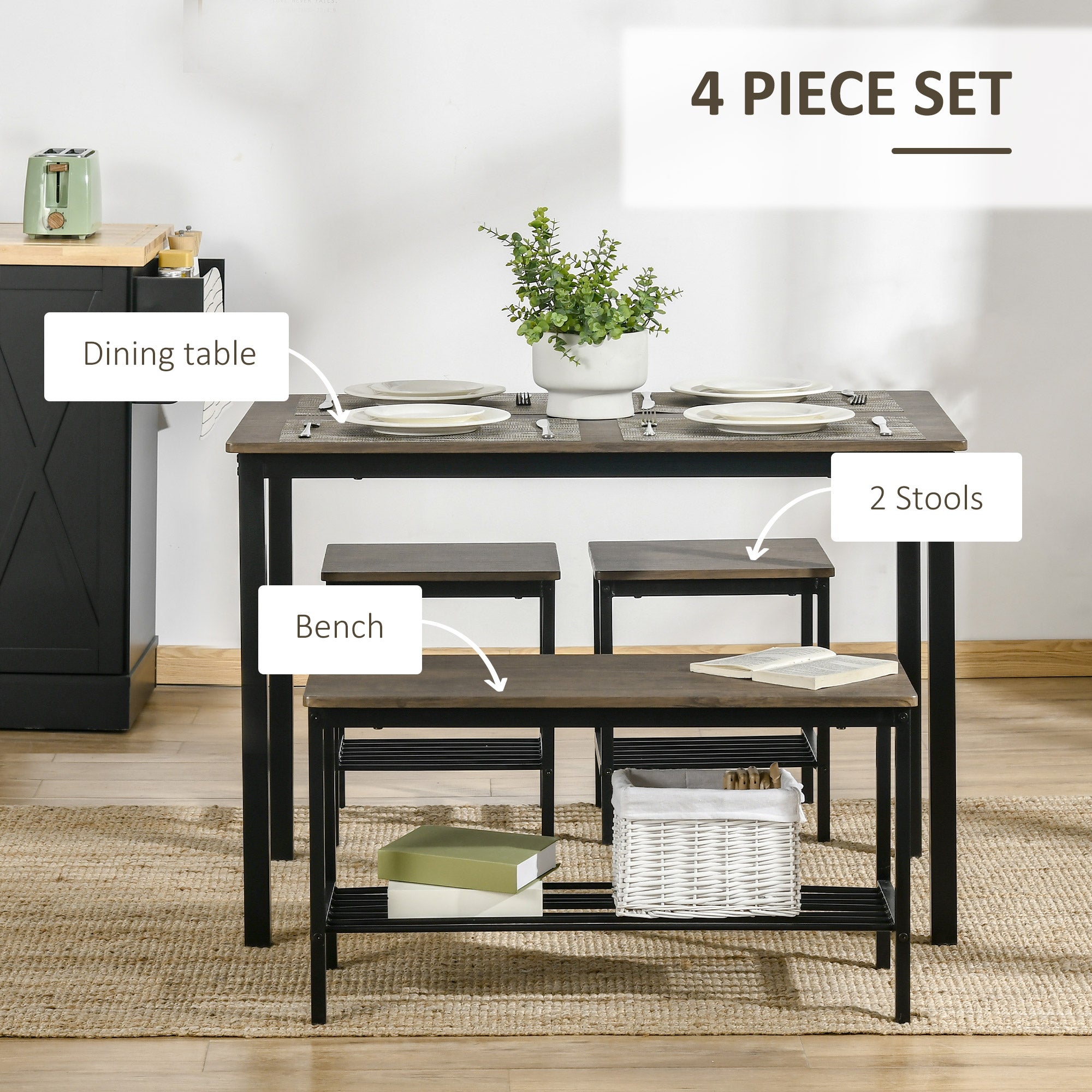 Industrial Dining Table Set, Kitchen Table and Chairs for 4, Dinner Table with Bench Set with Metal Frame &; Storage Shelf, 4 Piece Dinette Set Bar Sets   at Gallery Canada