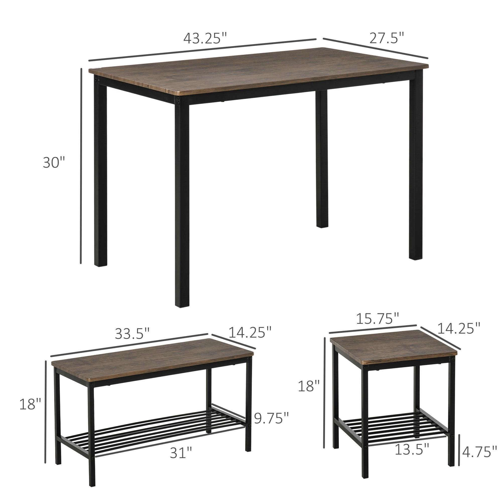 Industrial Dining Table Set, Kitchen Table and Chairs for 4, Dinner Table with Bench Set with Metal Frame &; Storage Shelf, 4 Piece Dinette Set Bar Sets   at Gallery Canada