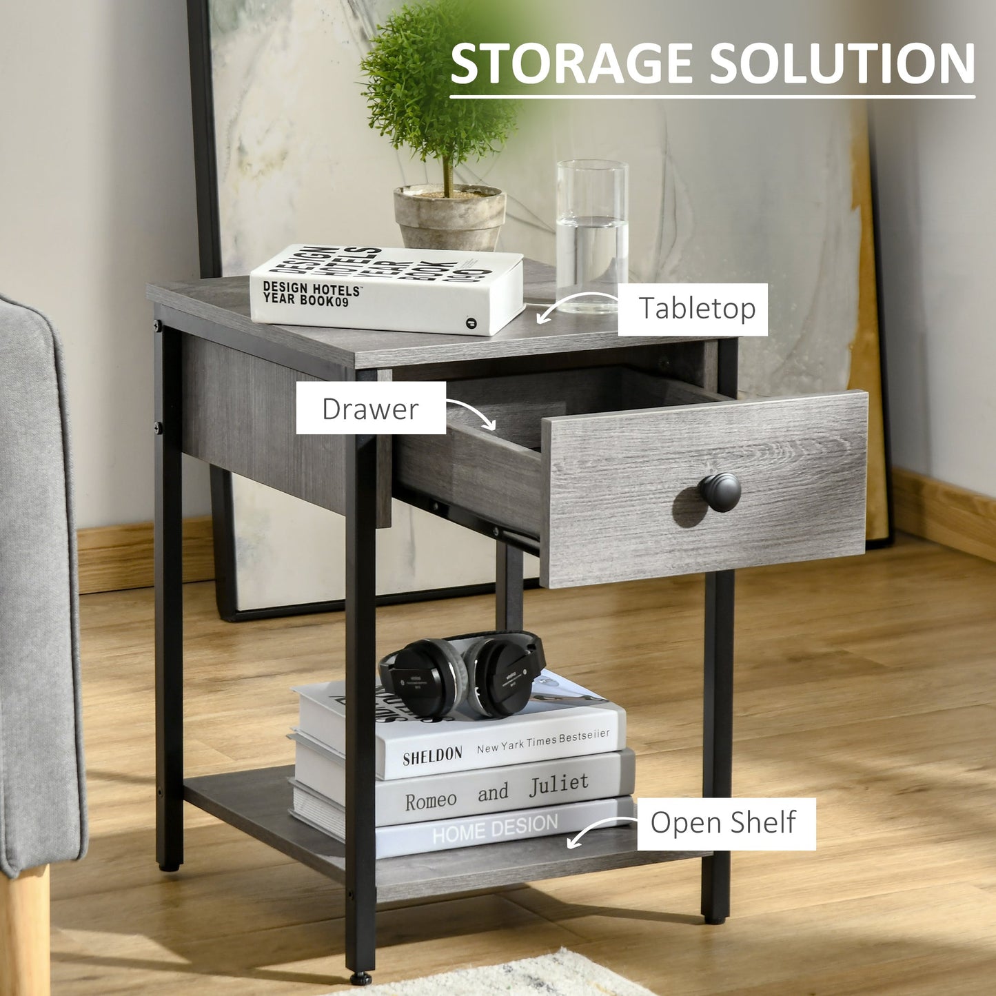 Industrial End Table with Drawer and Storage Shelf, Accent Side Table, Nightstand for Living Room, Bedroom, Grey Side Tables   at Gallery Canada