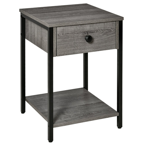 Industrial End Table with Drawer and Storage Shelf, Accent Side Table, Nightstand for Living Room, Bedroom, Grey