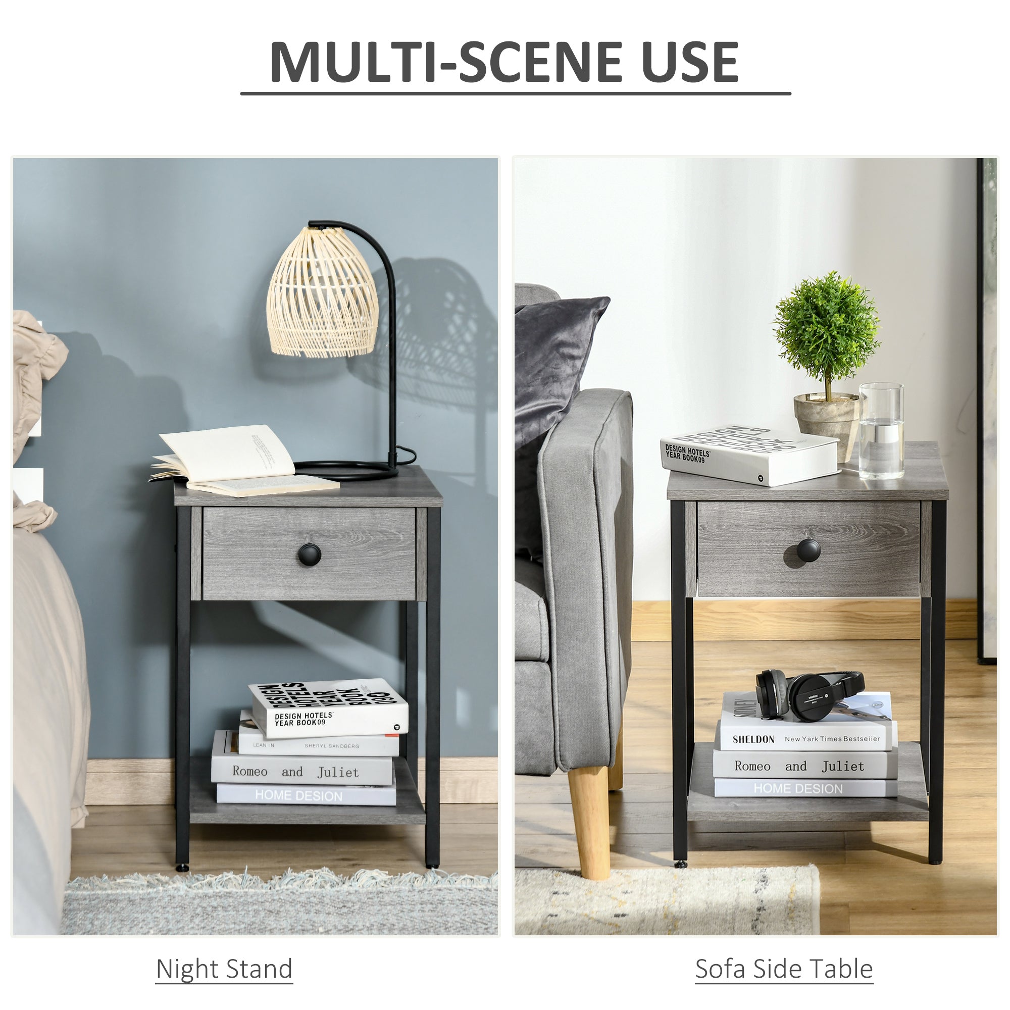 Industrial End Table with Drawer and Storage Shelf, Accent Side Table, Nightstand for Living Room, Bedroom, Grey Side Tables   at Gallery Canada