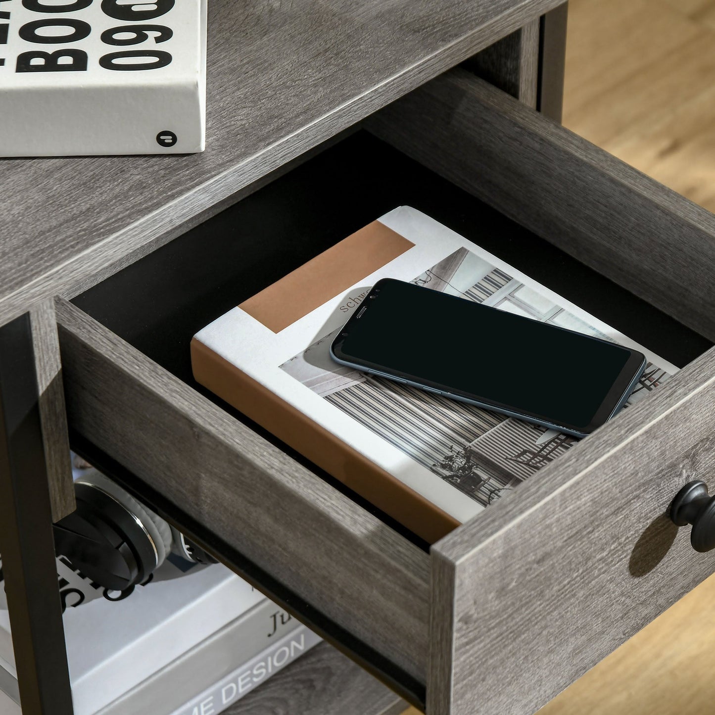 Industrial End Table with Drawer and Storage Shelf, Accent Side Table, Nightstand for Living Room, Bedroom, Grey Side Tables   at Gallery Canada