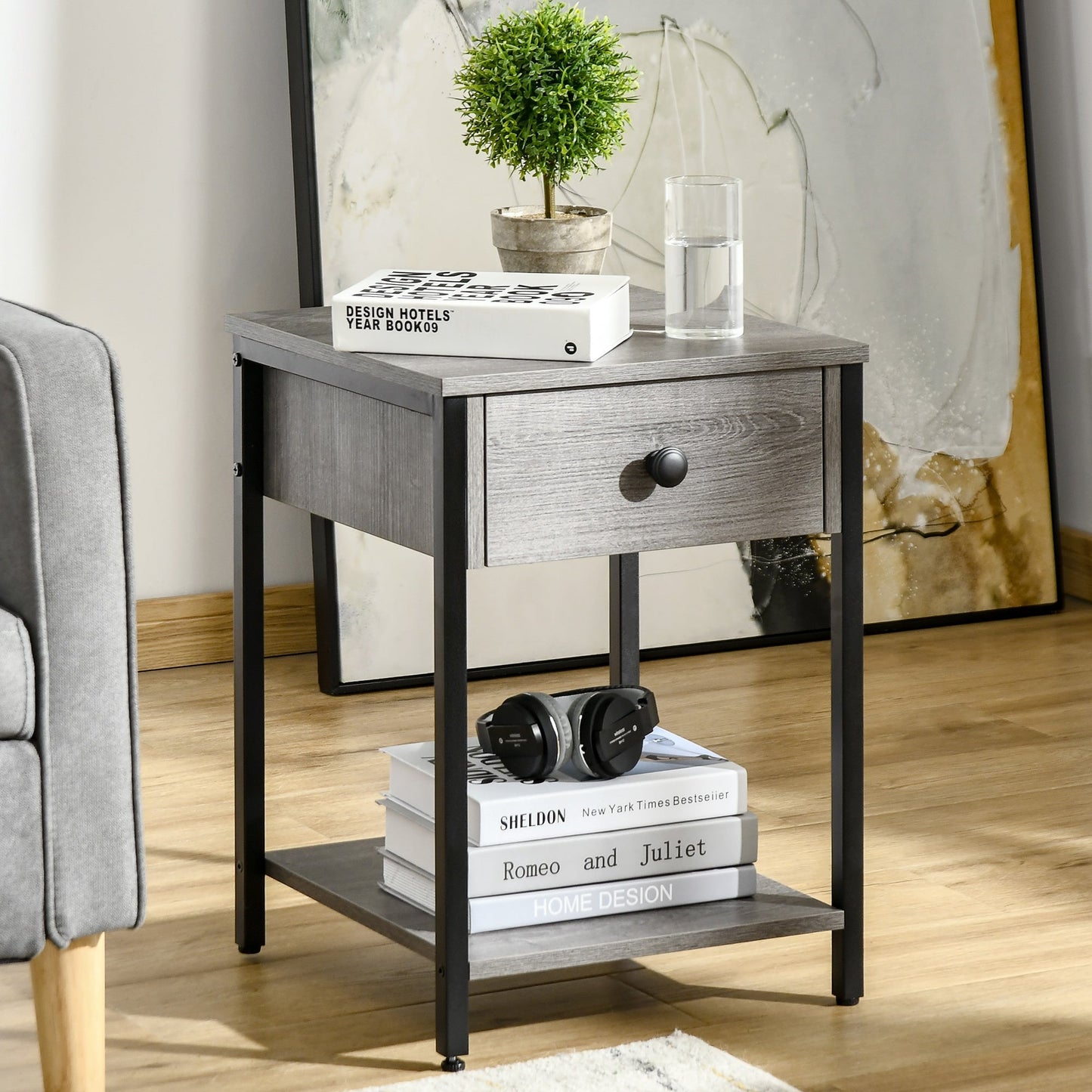 Industrial End Table with Drawer and Storage Shelf, Accent Side Table, Nightstand for Living Room, Bedroom, Grey Side Tables   at Gallery Canada