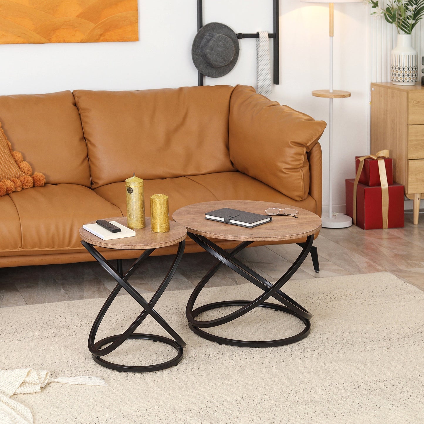 Industrial End Table with Round Tabletop, Sofa Side Table with Steel Frame, 15.7"x15.7"x19.7", Light Brown Coffee Tables   at Gallery Canada