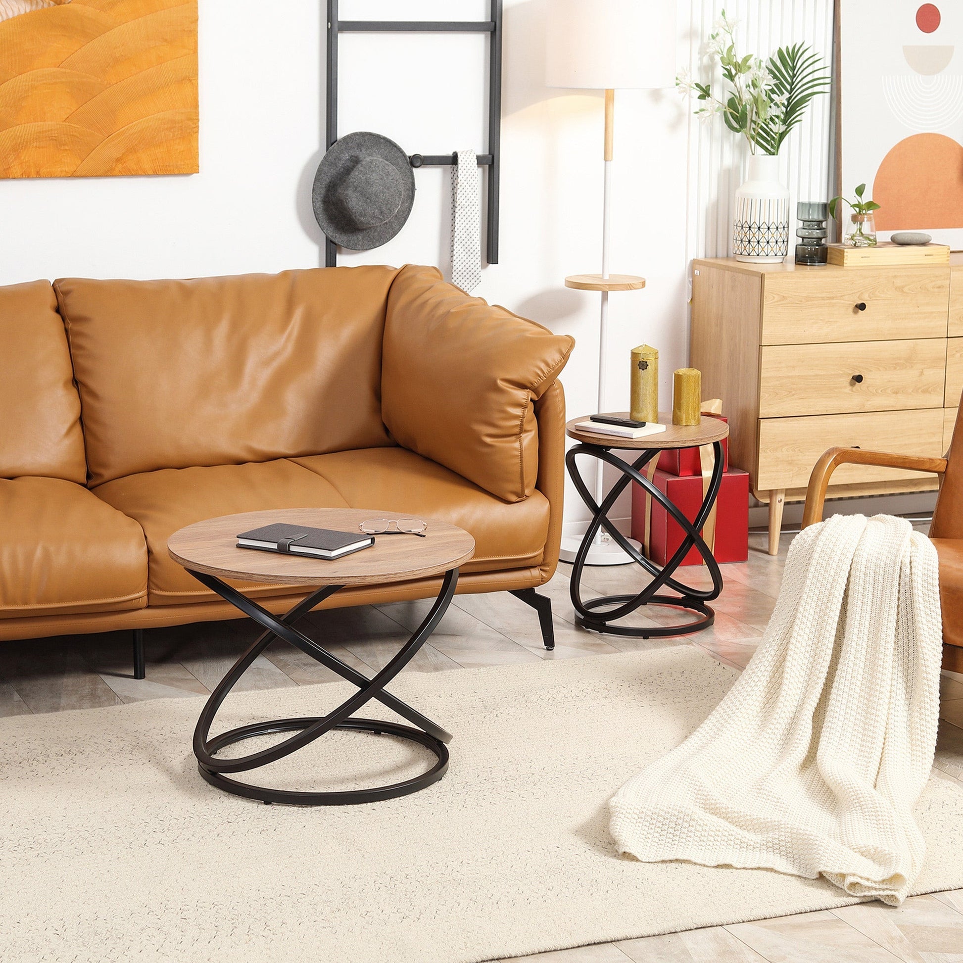 Industrial End Table with Round Tabletop, Sofa Side Table with Steel Frame, 15.7"x15.7"x19.7", Light Brown Coffee Tables   at Gallery Canada