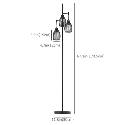 Industrial Floor Lamp with 3 Hanging Wire Lampshades, Dimmable Standing Lamp for Living Room, Bedroom, Dining Room, Study, Black Floor Lamps & Ceiling Fan Lights   at Gallery Canada