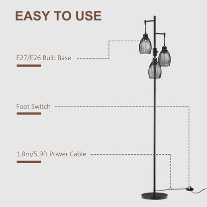 Industrial Floor Lamp with 3 Hanging Wire Lampshades, Dimmable Standing Lamp for Living Room, Bedroom, Dining Room, Study, Black Floor Lamps & Ceiling Fan Lights   at Gallery Canada