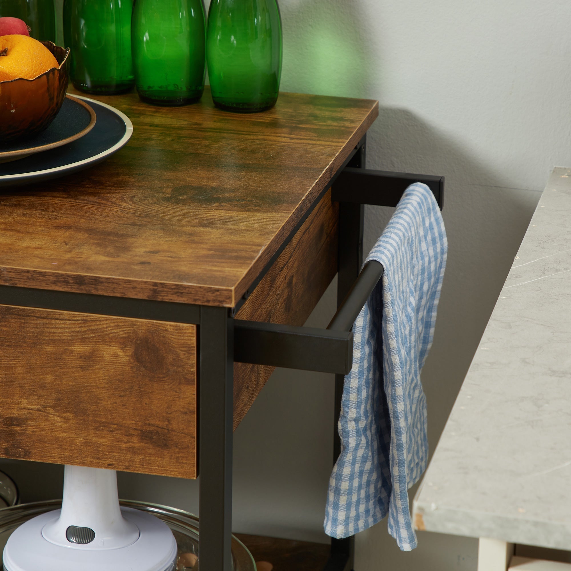 Industrial Kitchen Island with Storage, Kitchen Cart with Drawers, Storage Shelves, Towel Rack, Metal Frame for Dining Room, Living Room,Rustic Brown Kitchen Islands & Kitchen Carts   at Gallery Canada