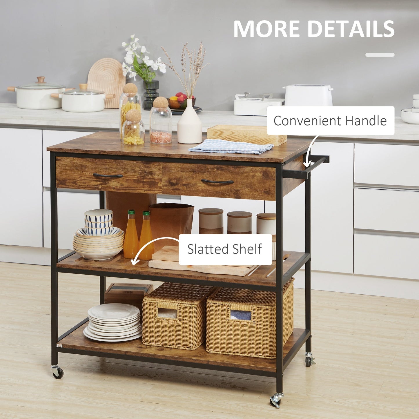 Industrial Kitchen Island with Storage, Kitchen Cart with Drawers, Storage Shelves, Towel Rack, Metal Frame for Dining Room, Living Room,Rustic Brown Kitchen Islands & Kitchen Carts   at Gallery Canada