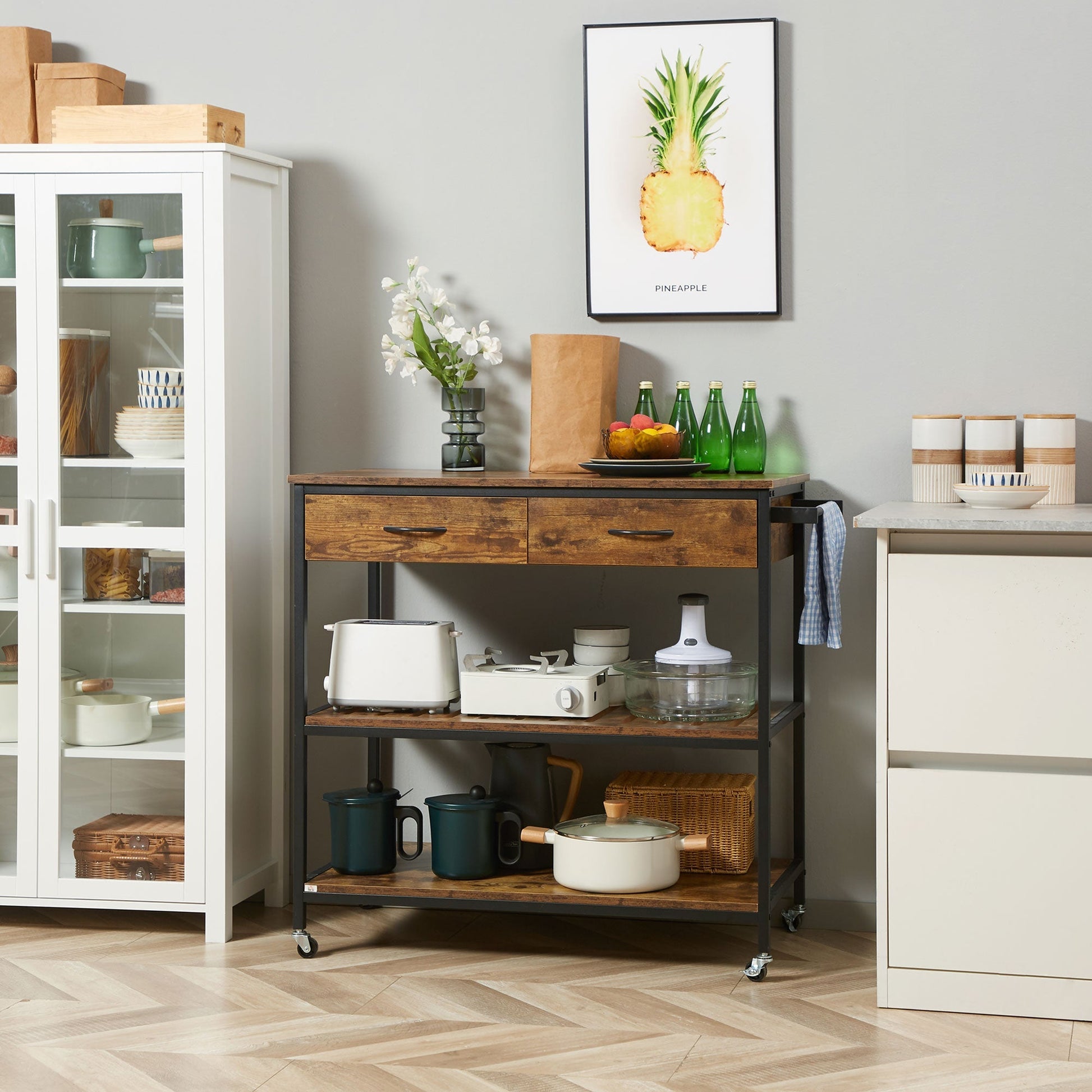 Industrial Kitchen Island with Storage, Kitchen Cart with Drawers, Storage Shelves, Towel Rack, Metal Frame for Dining Room, Living Room,Rustic Brown Kitchen Islands & Kitchen Carts   at Gallery Canada