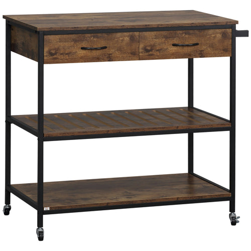 Industrial Kitchen Island with Storage, Kitchen Cart with Drawers, Storage Shelves, Towel Rack, Metal Frame for Dining Room, Living Room,Rustic Brown