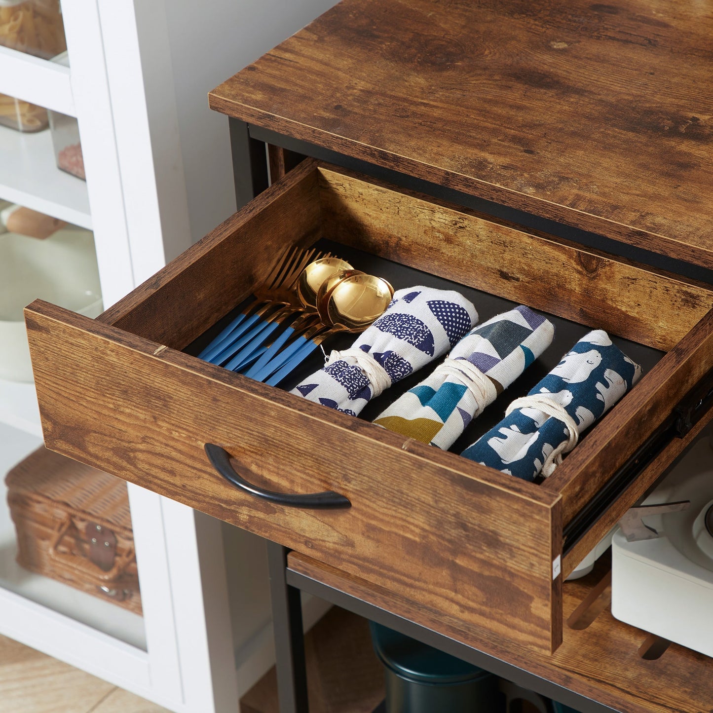 Industrial Kitchen Island with Storage, Kitchen Cart with Drawers, Storage Shelves, Towel Rack, Metal Frame for Dining Room, Living Room,Rustic Brown Kitchen Islands & Kitchen Carts   at Gallery Canada