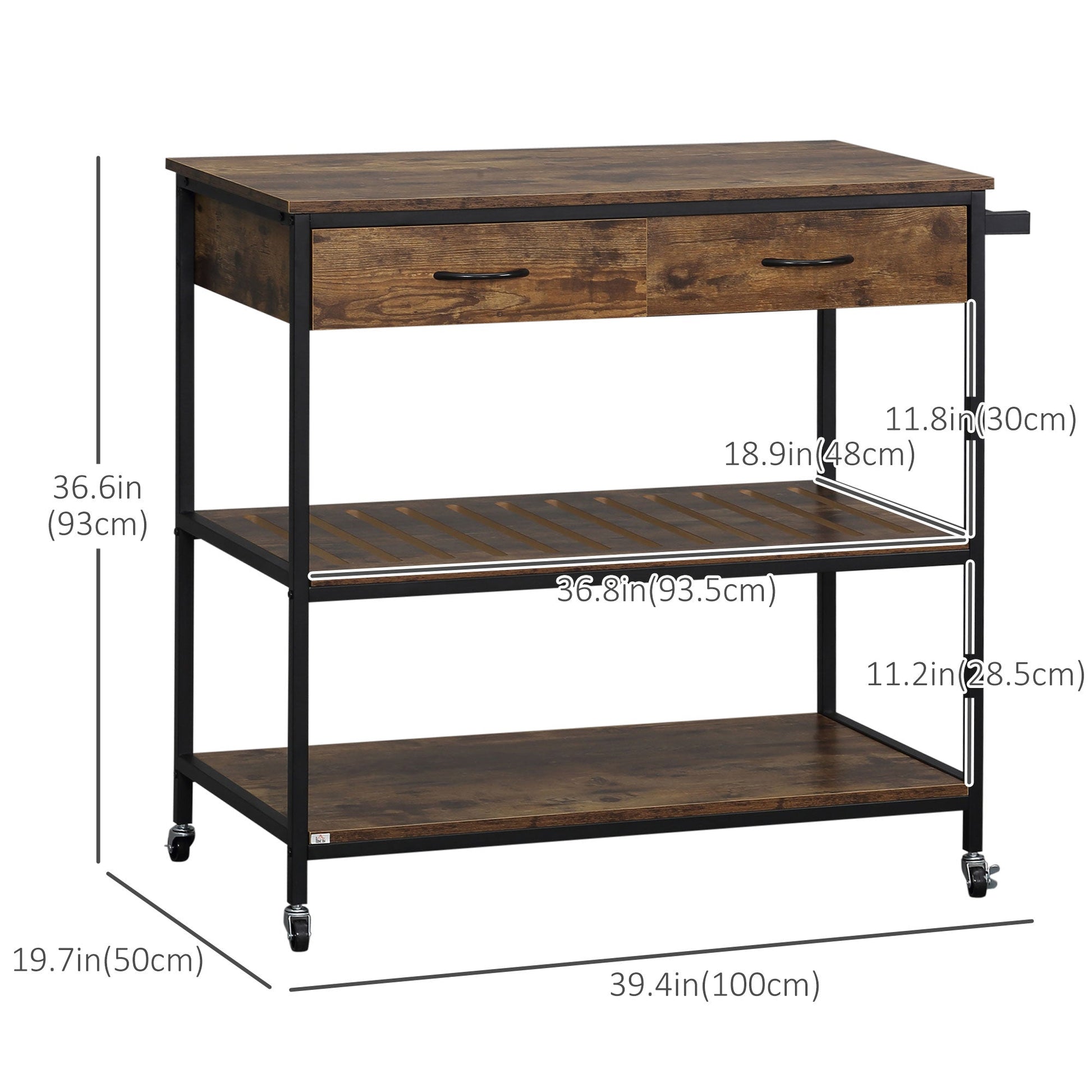 Industrial Kitchen Island with Storage, Kitchen Cart with Drawers, Storage Shelves, Towel Rack, Metal Frame for Dining Room, Living Room,Rustic Brown Kitchen Islands & Kitchen Carts   at Gallery Canada