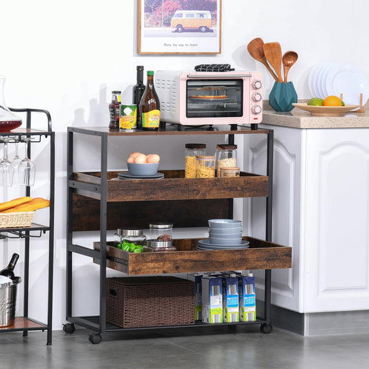 4-Tier Rolling Utility Cart with Pull-Out Shelves, Mesh Bottom, Rustic Brown Kitchen Islands & Kitchen Carts Multi Colour  at Gallery Canada