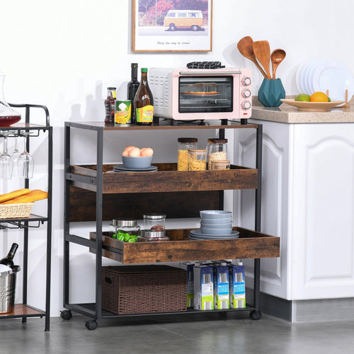 4-Tier Rolling Utility Cart with Pull-Out Shelves, Mesh Bottom, Rustic Brown