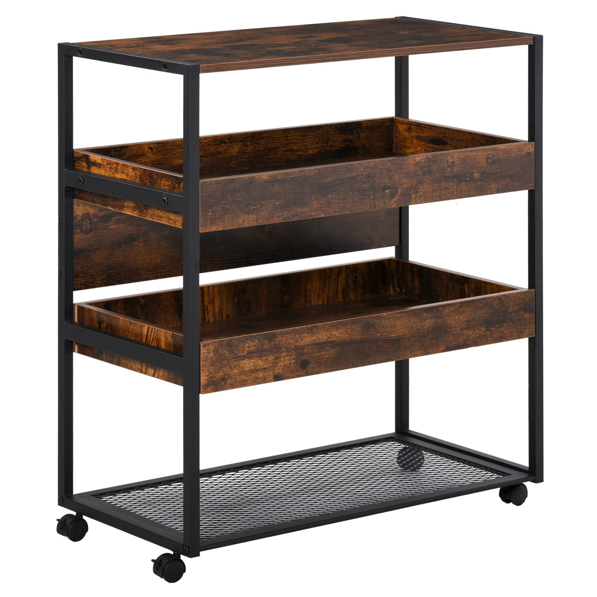 4-Tier Rolling Utility Cart with Pull-Out Shelves, Mesh Bottom, Rustic Brown Kitchen Islands & Kitchen Carts Multi Colour  at Gallery Canada