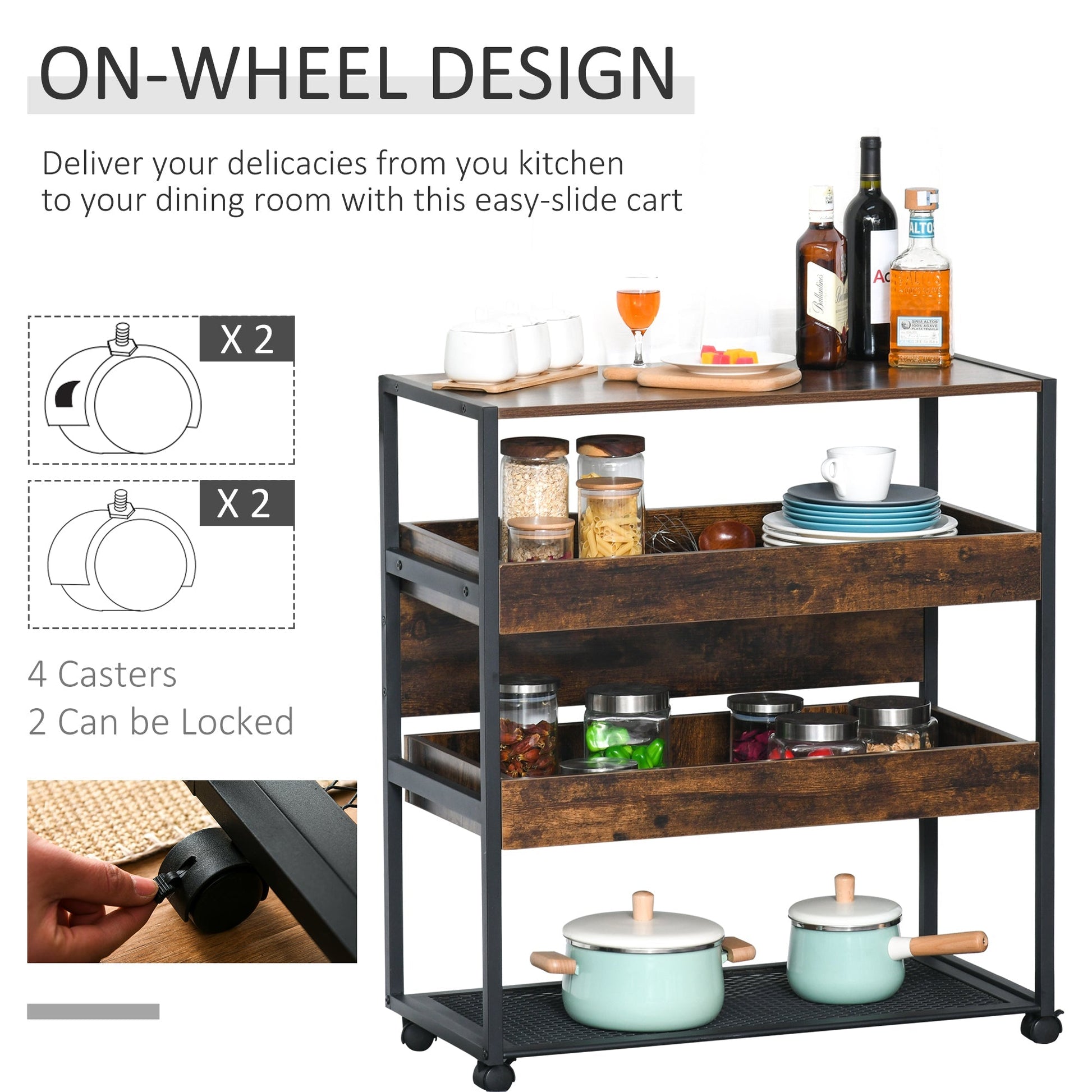 4-Tier Rolling Utility Cart with Pull-Out Shelves, Mesh Bottom, Rustic Brown Kitchen Islands & Kitchen Carts   at Gallery Canada