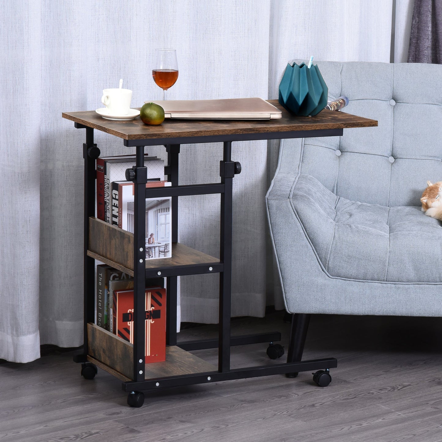 Industrial Mobile Side Table, C-Shaped End Table with 3-Tier Storage Shelves, Couch Table, Snack Table with Adjustable Height and Wheels Side Tables   at Gallery Canada