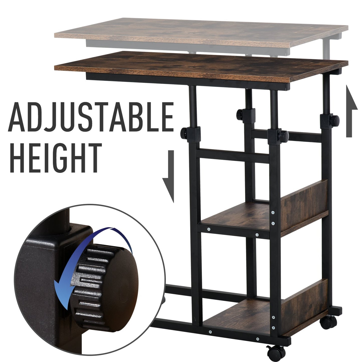 Industrial Mobile Side Table, C-Shaped End Table with 3-Tier Storage Shelves, Couch Table, Snack Table with Adjustable Height and Wheels Side Tables   at Gallery Canada