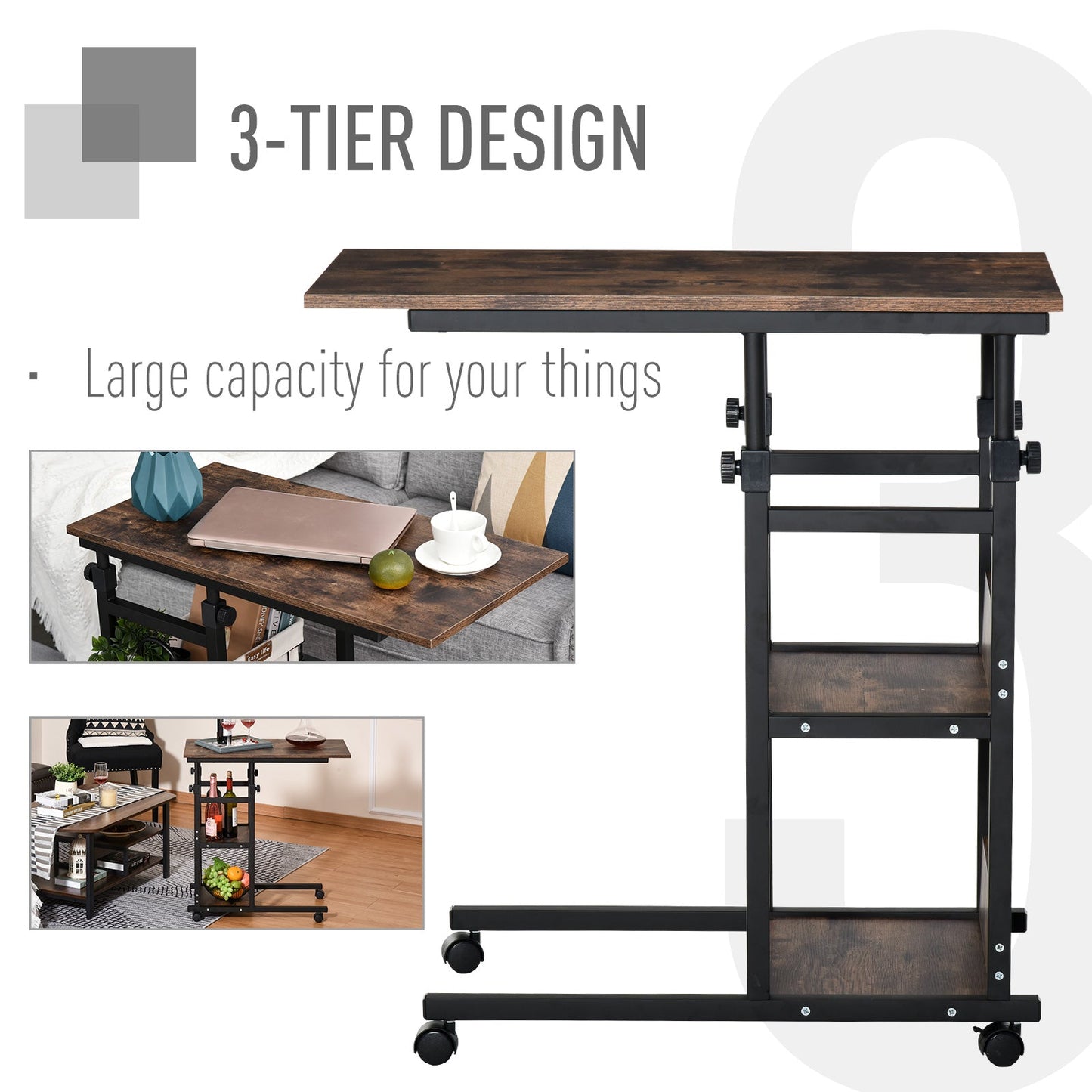 Industrial Mobile Side Table, C-Shaped End Table with 3-Tier Storage Shelves, Couch Table, Snack Table with Adjustable Height and Wheels Side Tables   at Gallery Canada