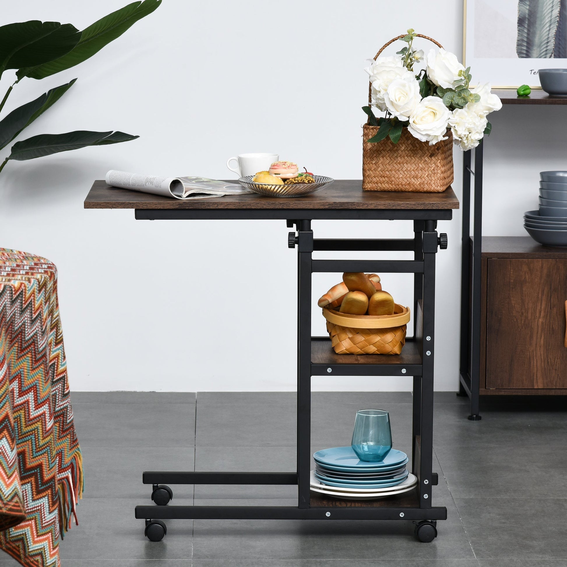 Industrial Mobile Side Table, C-Shaped End Table with 3-Tier Storage Shelves, Couch Table, Snack Table with Adjustable Height and Wheels Side Tables   at Gallery Canada