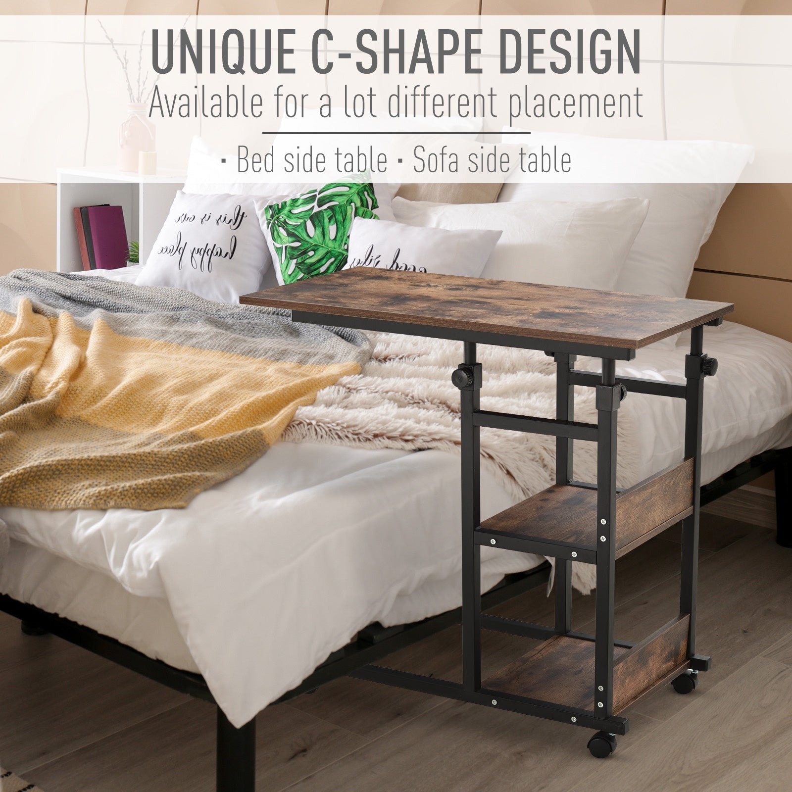 Industrial Mobile Side Table, C-Shaped End Table with 3-Tier Storage Shelves, Couch Table, Snack Table with Adjustable Height and Wheels Side Tables   at Gallery Canada