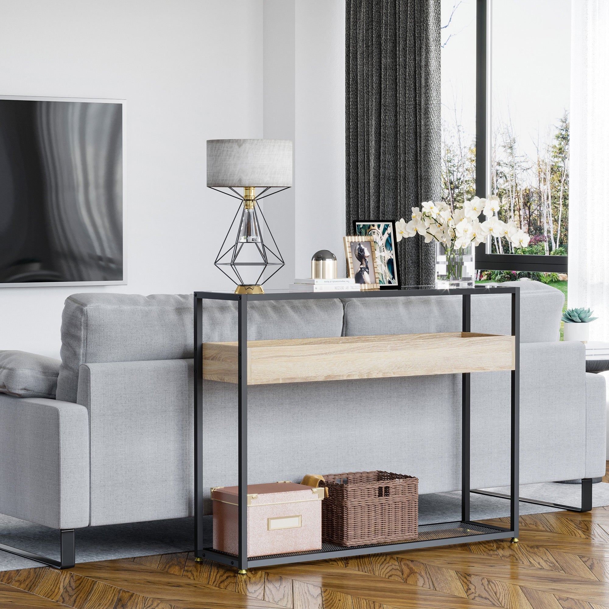 Industrial Narrow Console Table, Sofa Table, Entryway Table with Storage Shelf, Tempered Glass Top and Steel Frame for Living Room Console Tables   at Gallery Canada