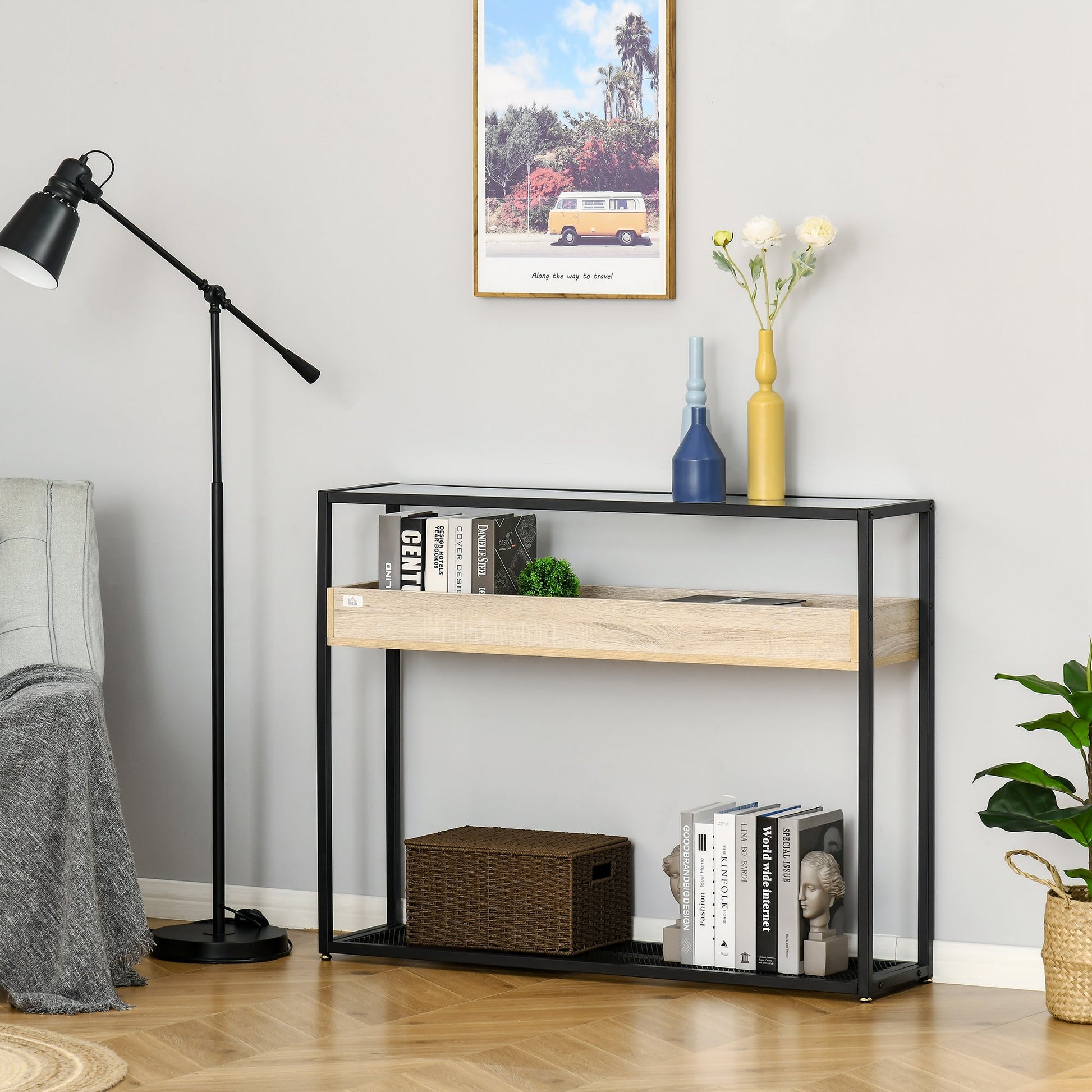 Industrial Narrow Console Table, Sofa Table, Entryway Table with Storage Shelf, Tempered Glass Top and Steel Frame for Living Room Console Tables   at Gallery Canada