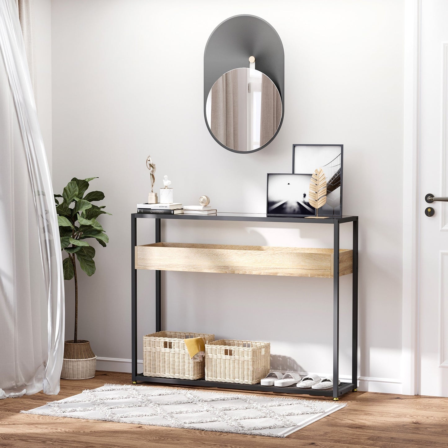 Industrial Narrow Console Table, Sofa Table, Entryway Table with Storage Shelf, Tempered Glass Top and Steel Frame for Living Room Console Tables   at Gallery Canada