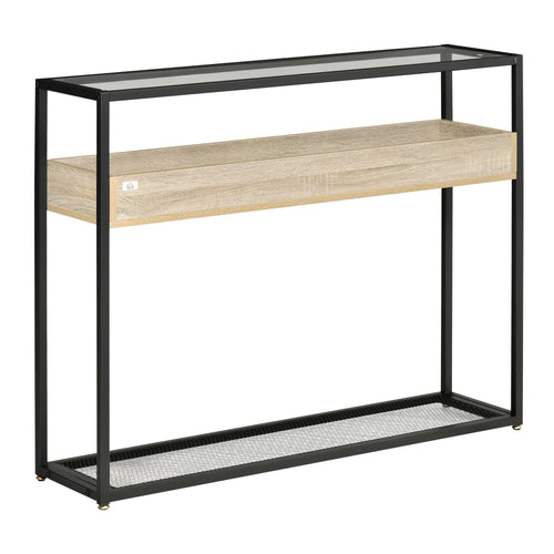 Industrial Narrow Console Table, Sofa Table, Entryway Table with Storage Shelf, Tempered Glass Top and Steel Frame for Living Room