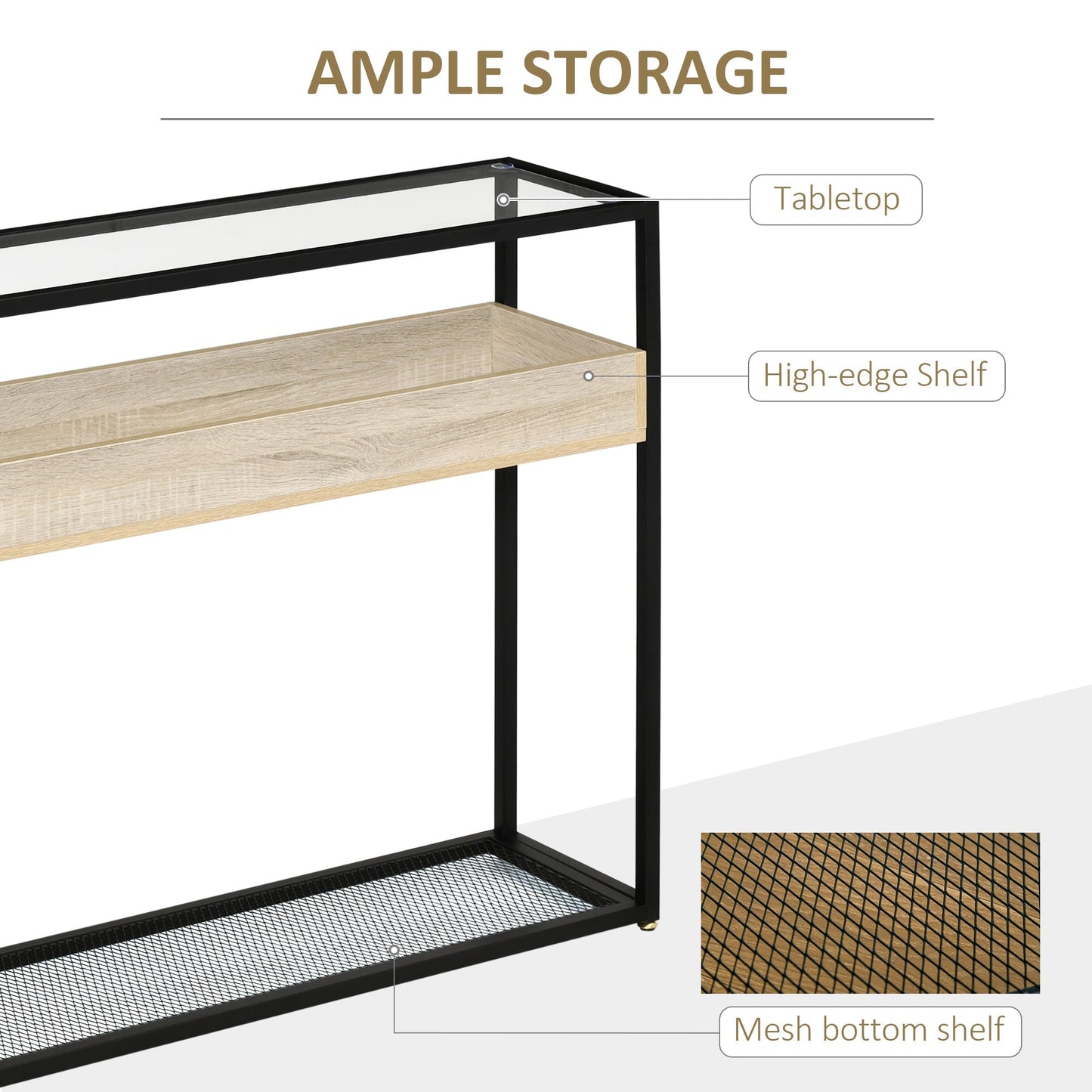 Industrial Narrow Console Table, Sofa Table, Entryway Table with Storage Shelf, Tempered Glass Top and Steel Frame for Living Room Console Tables   at Gallery Canada