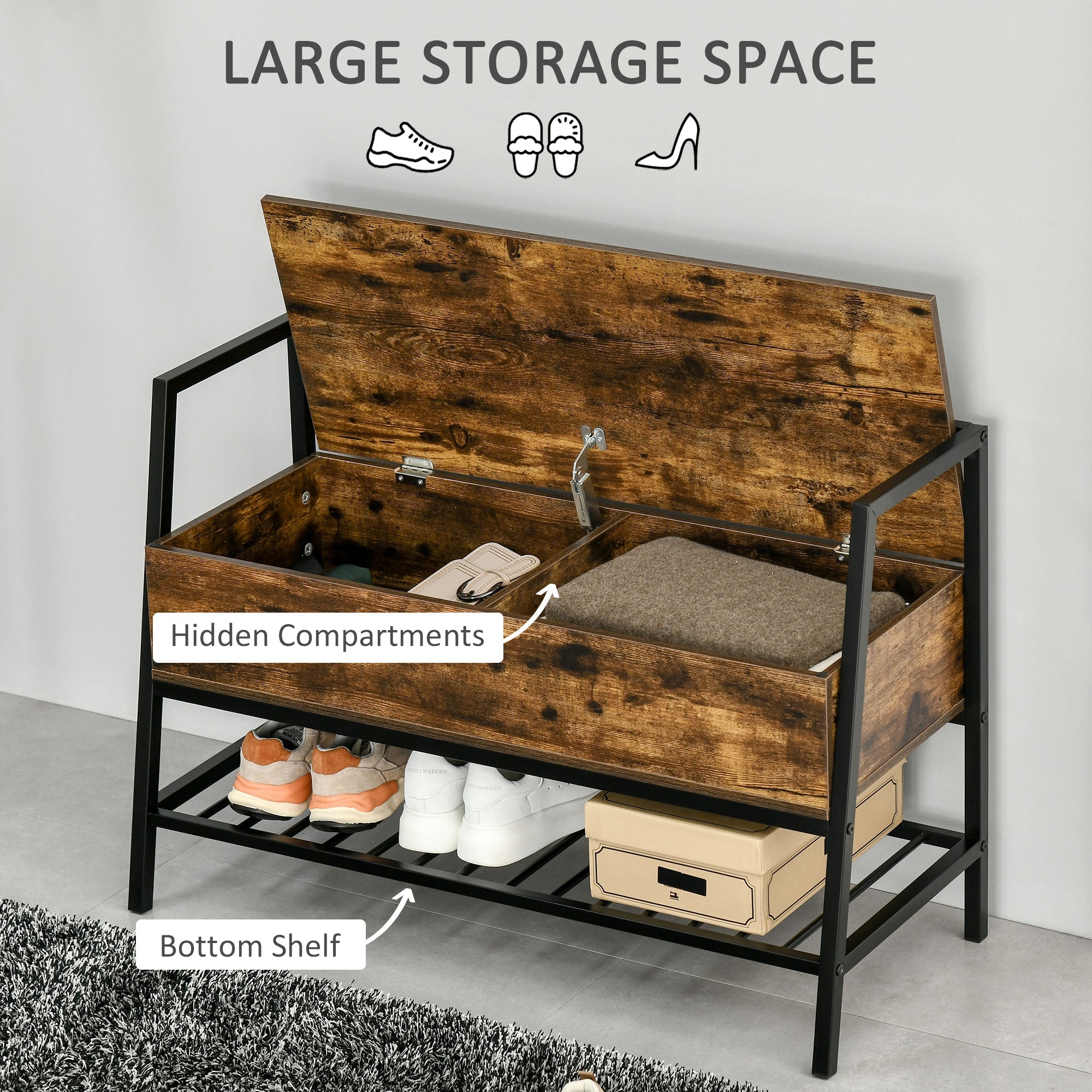 Industrial Shoe Storage Bench, Shoe Storage with Seat, Entrance Bench with 2 Hidden Compartments and Shelf for Hallway Shoe Storage Cabinets & Racks   at Gallery Canada