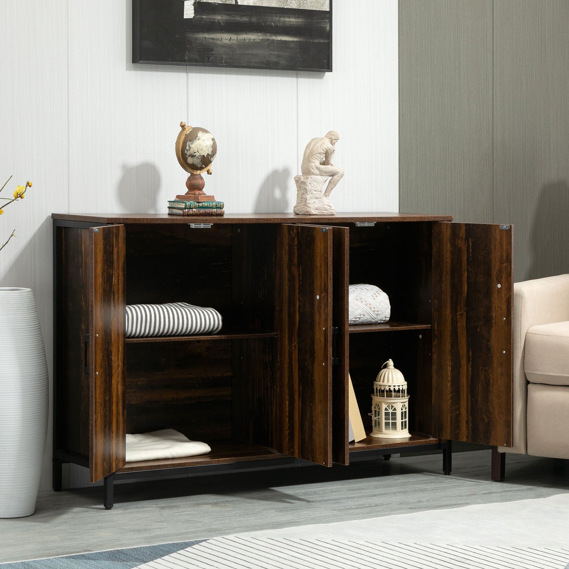 Industrial Sideboard, Buffet Cabinet with Doors, Buffet Table with Adjustable Shelves and Steel Frame, Rustic Brown Storage Cabinets   at Gallery Canada