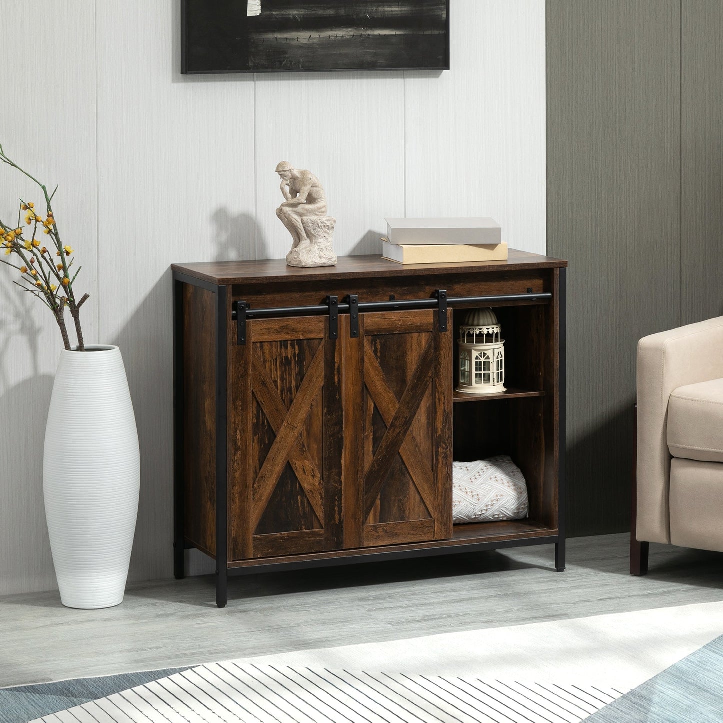 Industrial Sideboard, Buffet Cabinet with Sliding Barn Doors, Storage Cabinets and Adjustable Shelves for Living Room, Kitchen, Home Bar, Rustic Brown Bar Cabinets   at Gallery Canada