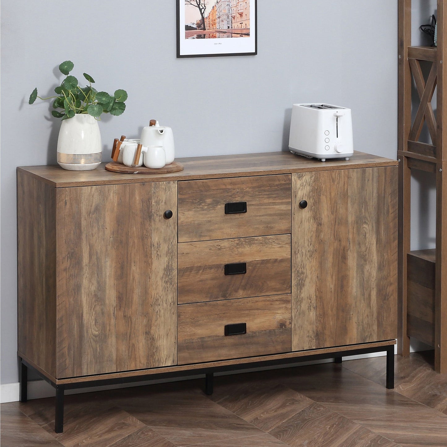 Industrial Sideboard Buffet Storage Cabinet Cupboard with 2 Doors, 3 Drawers and Shelves for Dining Room, Living Room, Brown Bar Cabinets   at Gallery Canada