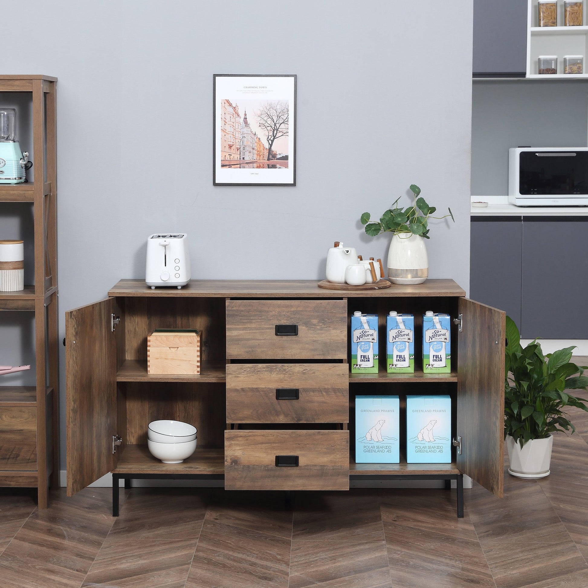 Industrial Sideboard Buffet Storage Cabinet Cupboard with 2 Doors, 3 Drawers and Shelves for Dining Room, Living Room, Brown Bar Cabinets   at Gallery Canada