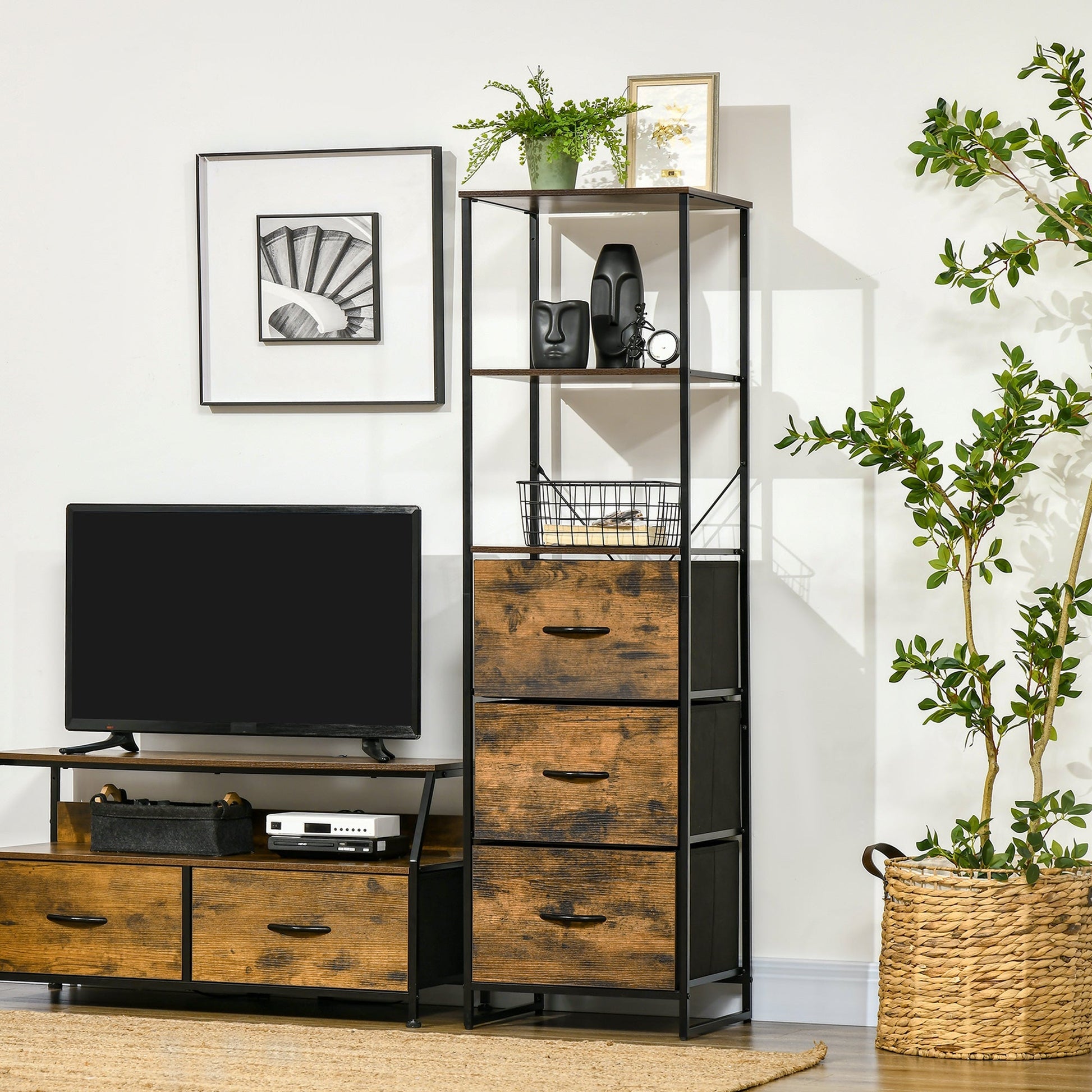 Industrial Storage Cabinet with 2 Open Shelves and 3 Foldable Fabric Drawers, Multifunctional Bookshelf In Living Room, Study, Rustic Brown Storage Cabinets   at Gallery Canada