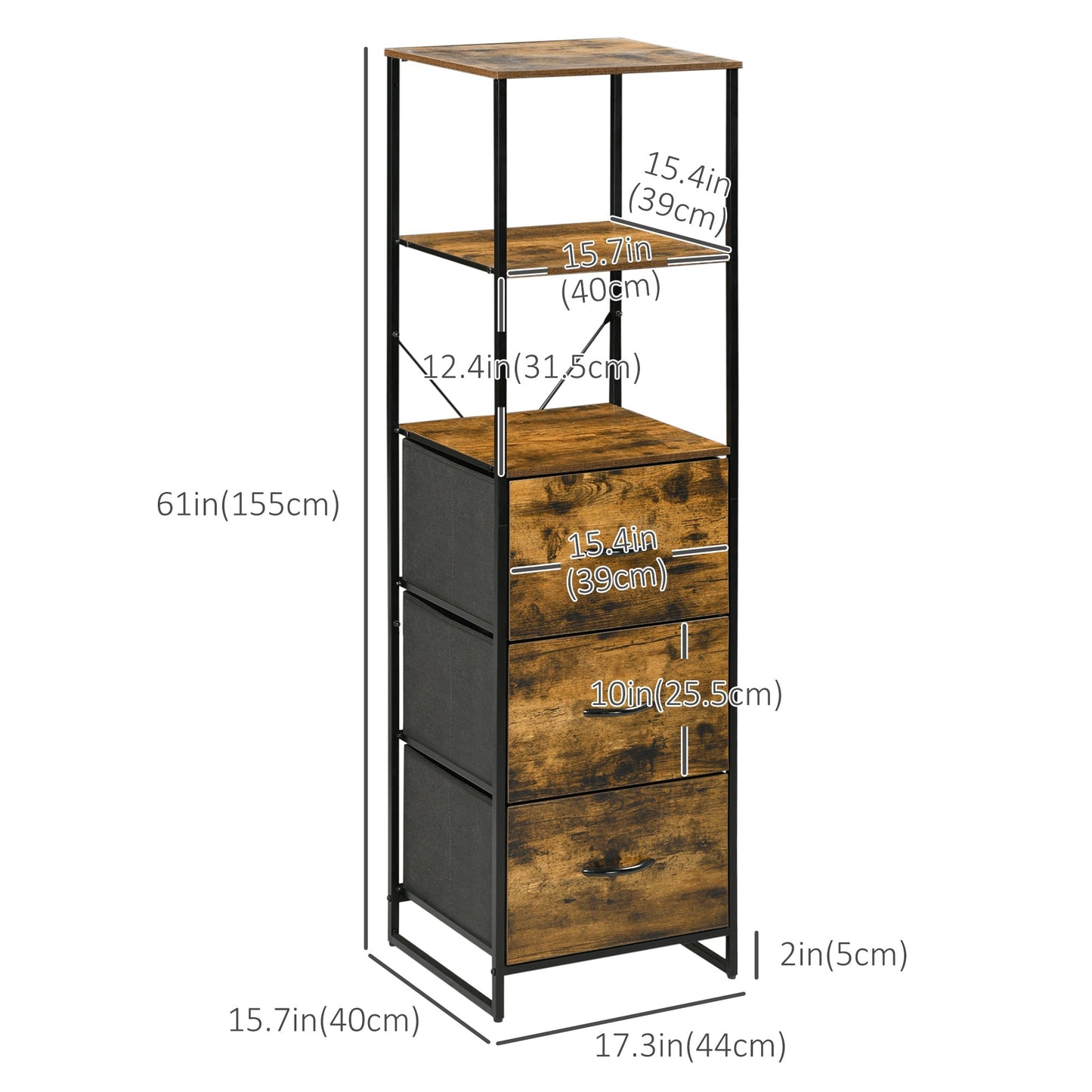 Industrial Storage Cabinet with 2 Open Shelves and 3 Foldable Fabric Drawers, Multifunctional Bookshelf In Living Room, Study, Rustic Brown Storage Cabinets   at Gallery Canada