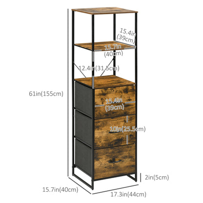 Industrial Storage Cabinet with 2 Open Shelves and 3 Foldable Fabric Drawers, Multifunctional Bookshelf In Living Room, Study, Rustic Brown Storage Cabinets   at Gallery Canada