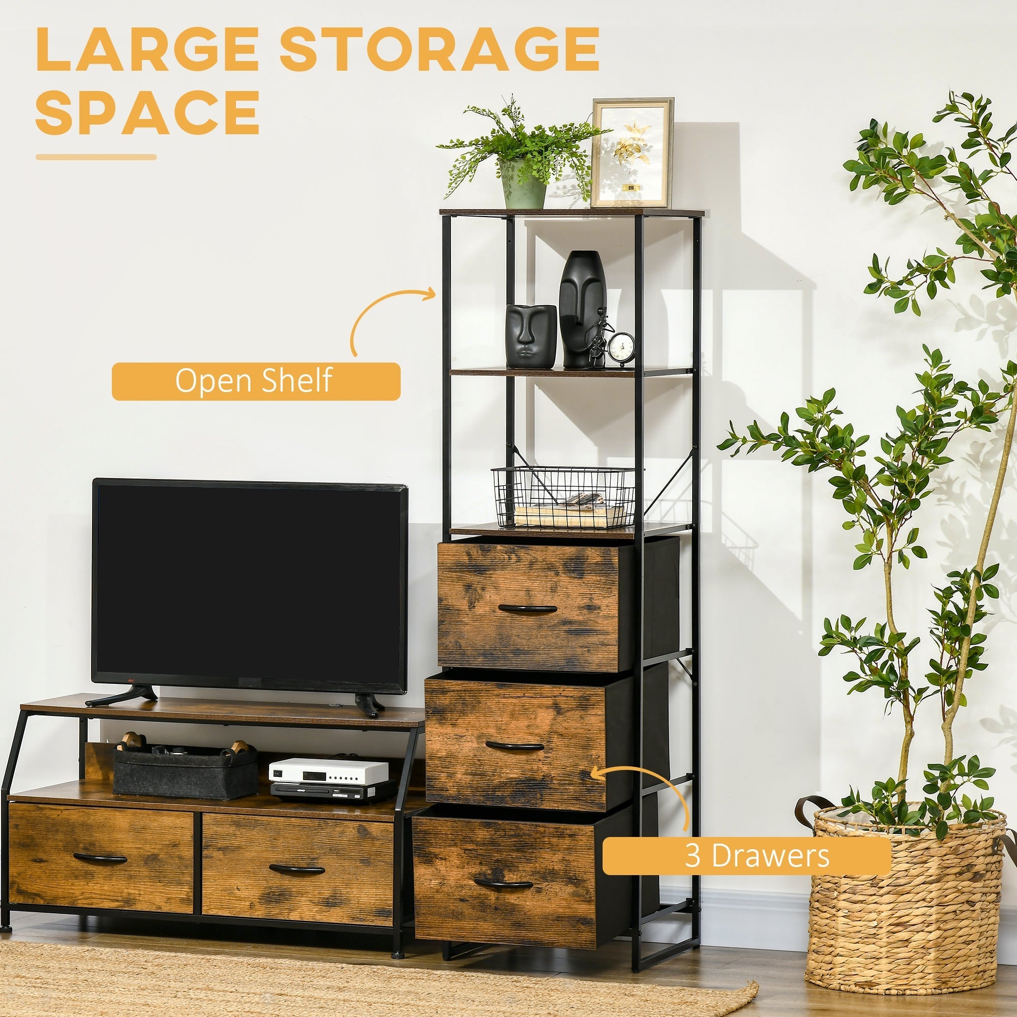 Industrial Storage Cabinet with 2 Open Shelves and 3 Foldable Fabric Drawers, Multifunctional Bookshelf In Living Room, Study, Rustic Brown Storage Cabinets   at Gallery Canada